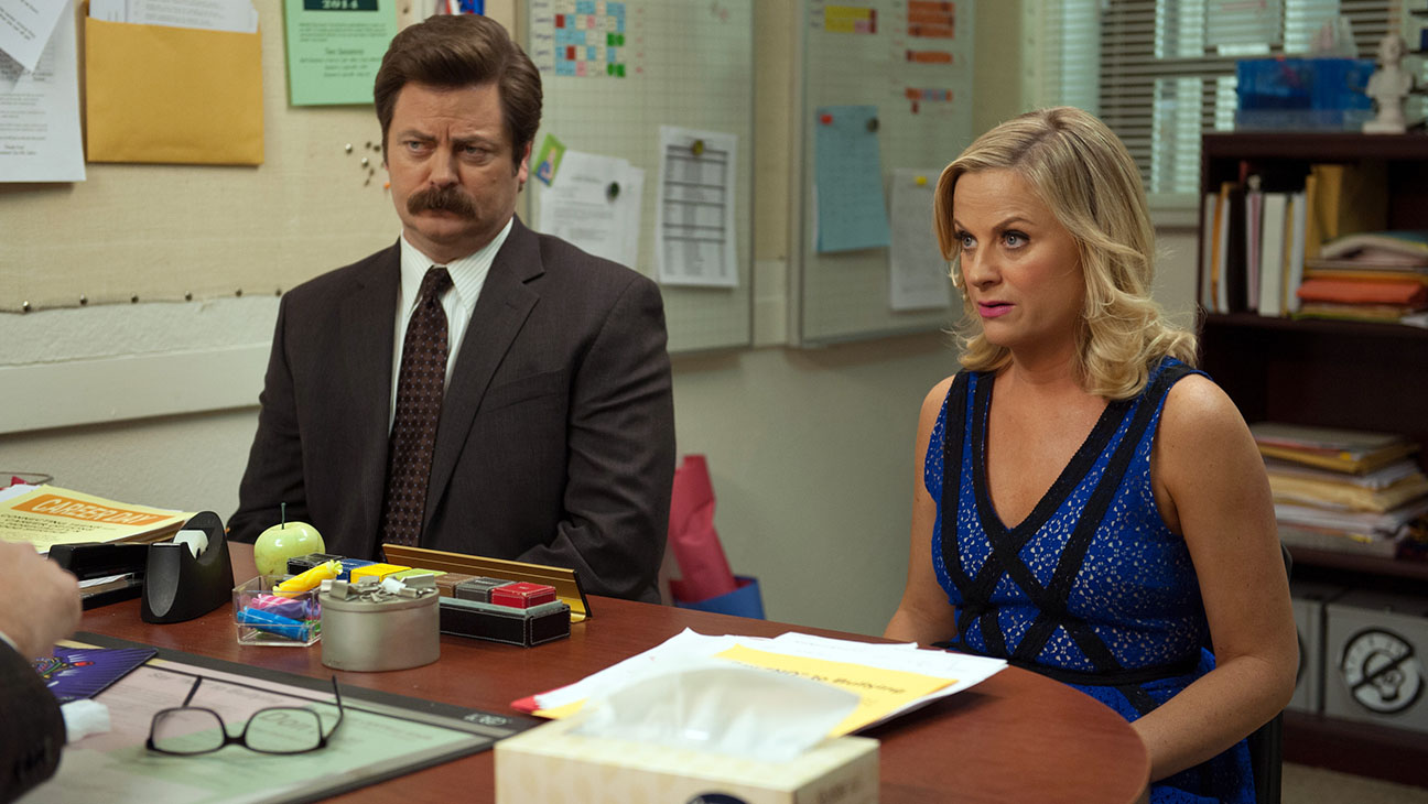 Nick Offerman as Ron Swanson, Amy Poehler as Leslie Knope in season six episode Prom